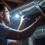 An HVAC technician in an attic near Charlottesville, VA, inspecting leaky ductwork with a flashlight. The technician is sealing a visible gap with metallic tape.