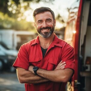A plumber wearing a red Fitch Services uniform stands outside his work truck in Charlottesville, Virginia.