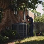 HVAC technician working on a home air conditioner in a Charlottesville neighborhood during a summer afternoon.