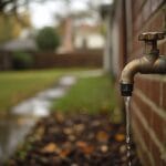 A dripping outdoor faucet on a historic brick home near Belmont in Charlottesville, with visible water droplets and morning dew on surrounding grass.