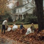A family in Charlottesville Virginia rakes leaves as part of their fall maintenance plan.