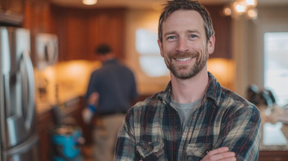 Relaxed and happy homeowner observing a Fitch Services technician bonding gas lines in an Albemarle County, Virginia kitchen.