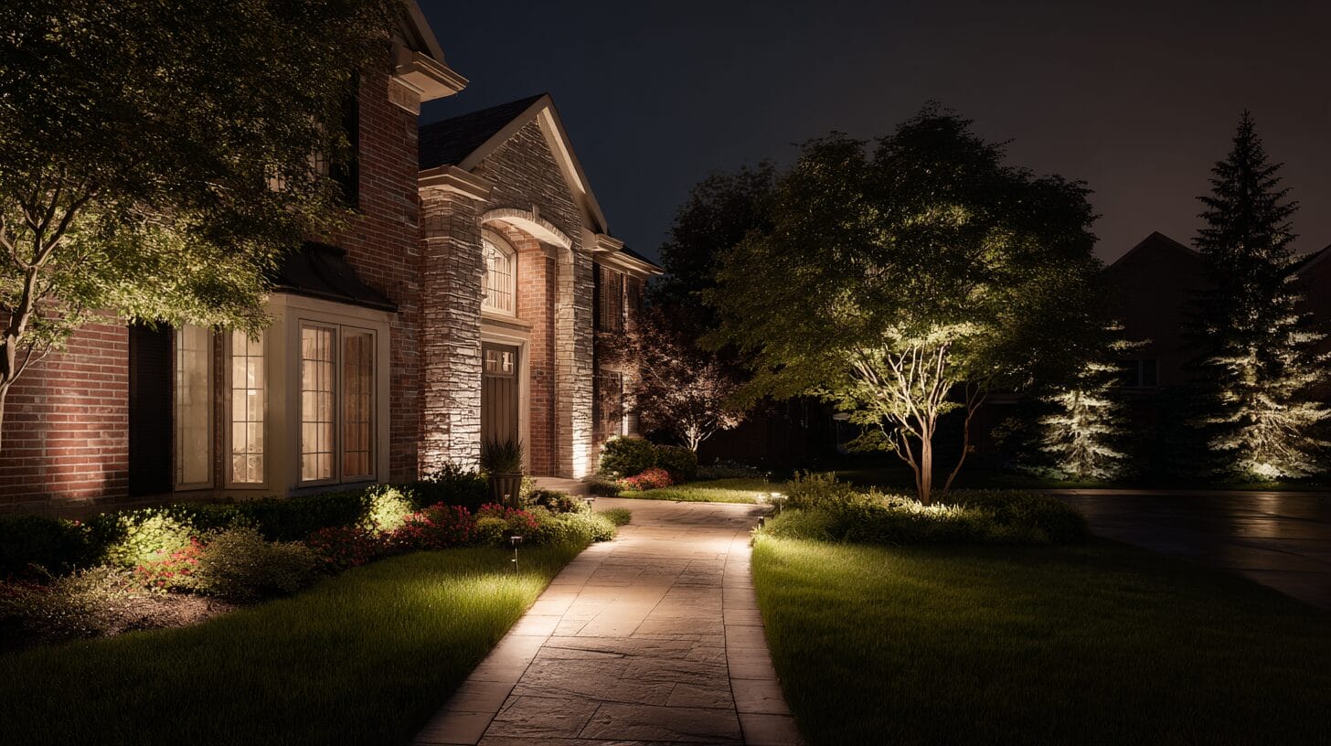 Outdoor LED landscape lighting illuminating a front walkway and brick exterior in Charlottesville, VA.