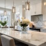 Updated kitchen lighting with modern pendant fixtures above a marble island in a Charlottesville home