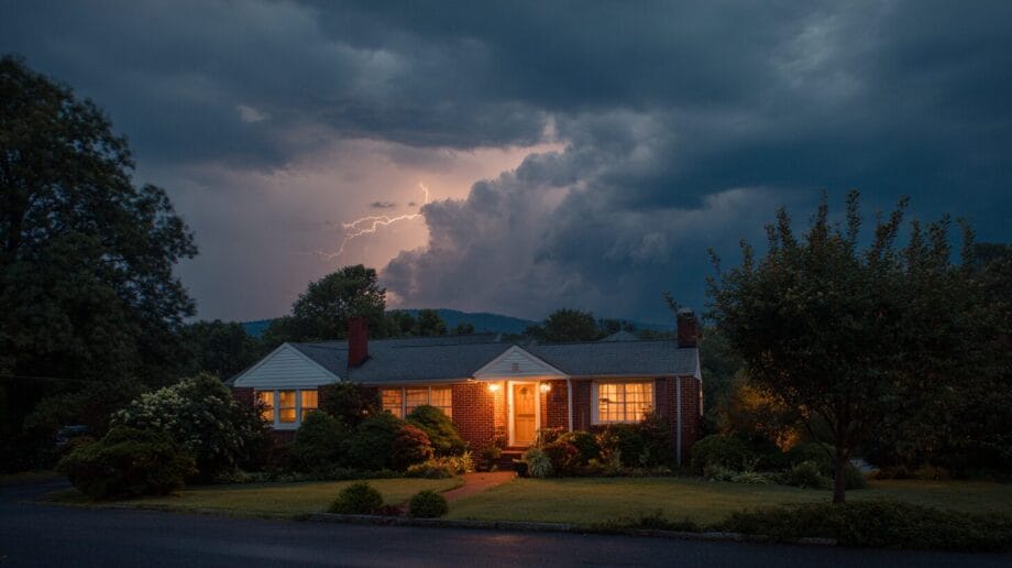 Lightning strike near Charlottesville with a home protected by surge protector on electrical panel in the foreground.