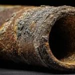 Cutaway view of a plumbing pipe with heavy hard water mineral buildup inside a home near Charlottesville, Virginia, showing how scale can restrict water flow over time.